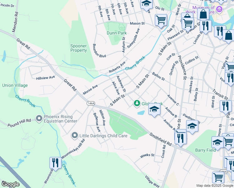 map of restaurants, bars, coffee shops, grocery stores, and more near 29 Alice Avenue in Woonsocket