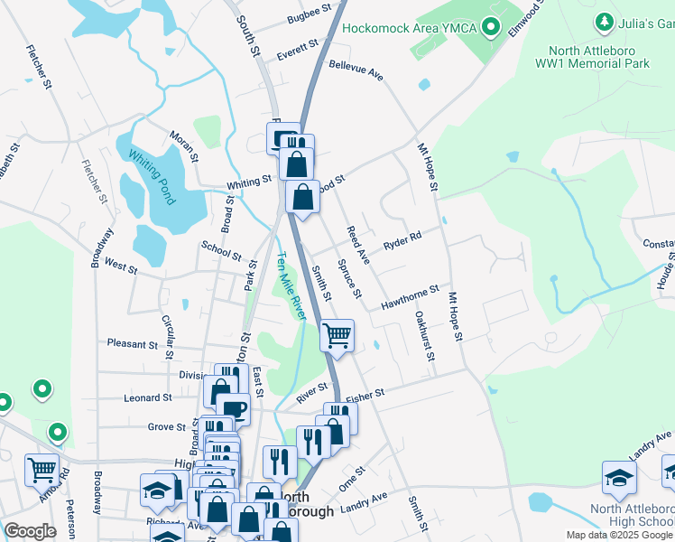 map of restaurants, bars, coffee shops, grocery stores, and more near 81 Spruce Street in North Attleborough