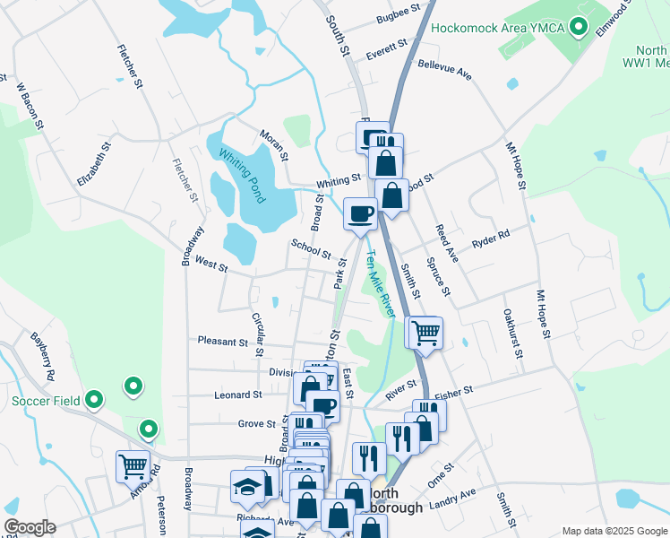 map of restaurants, bars, coffee shops, grocery stores, and more near 76 Park Street in North Attleborough