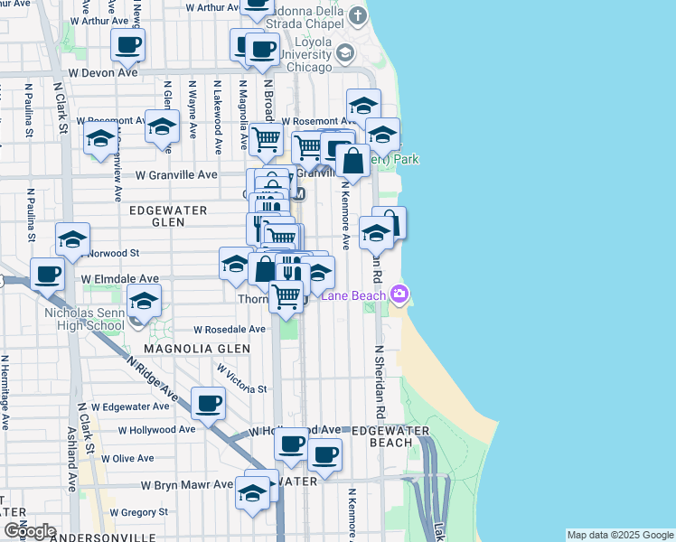 map of restaurants, bars, coffee shops, grocery stores, and more near 6002 North Kenmore Avenue in Chicago