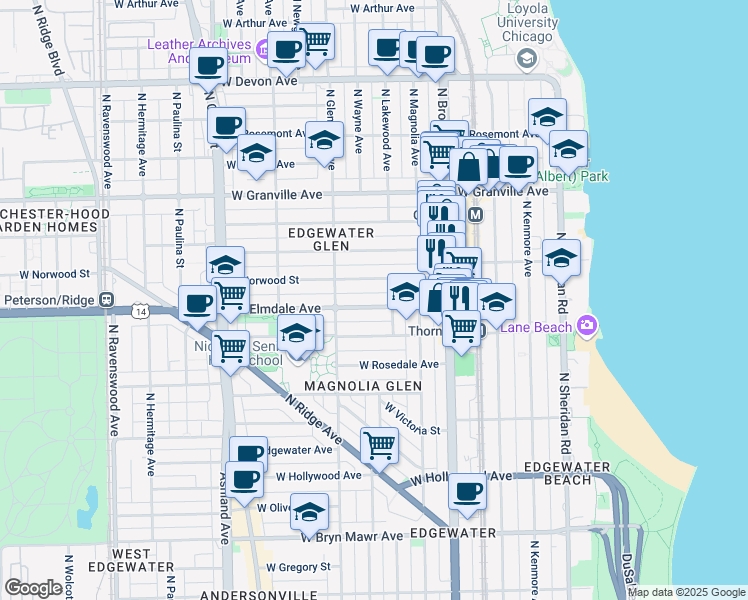 map of restaurants, bars, coffee shops, grocery stores, and more near 1304 West Elmdale Avenue in Chicago