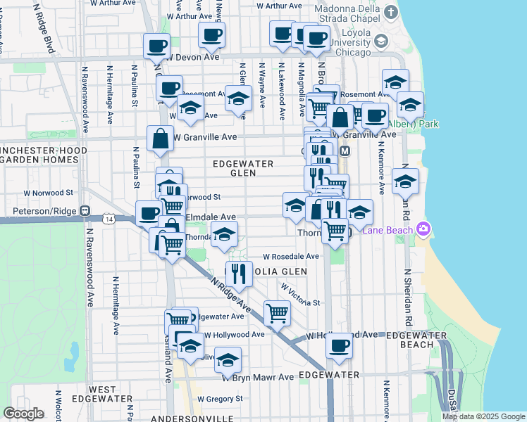 map of restaurants, bars, coffee shops, grocery stores, and more near 1344 West Elmdale Avenue in Chicago