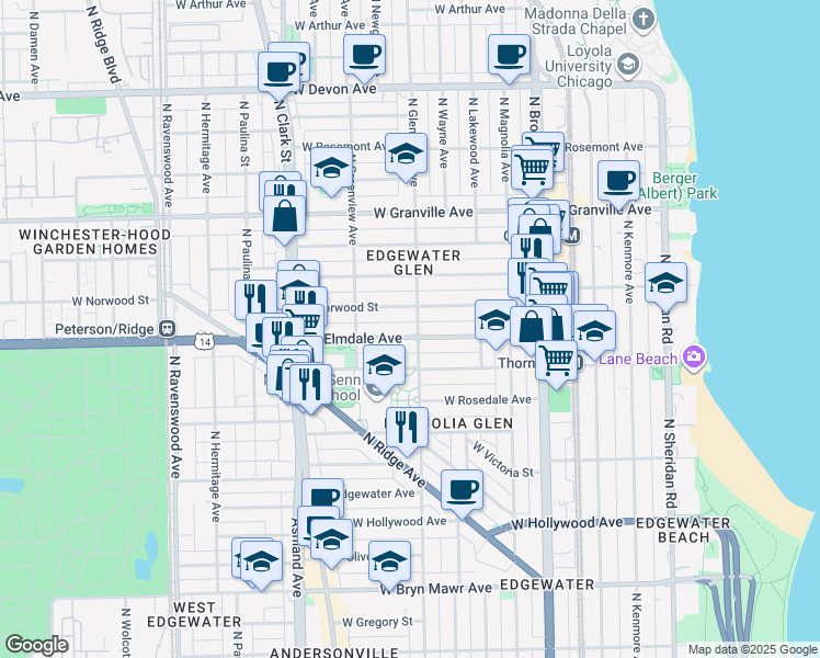 map of restaurants, bars, coffee shops, grocery stores, and more near 1420 West Elmdale Avenue in Chicago