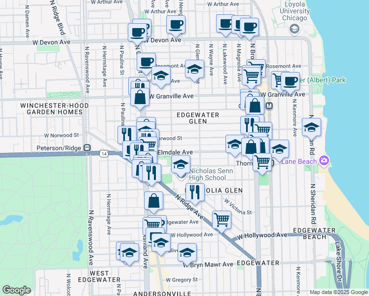 map of restaurants, bars, coffee shops, grocery stores, and more near 1420 West Elmdale Avenue in Chicago