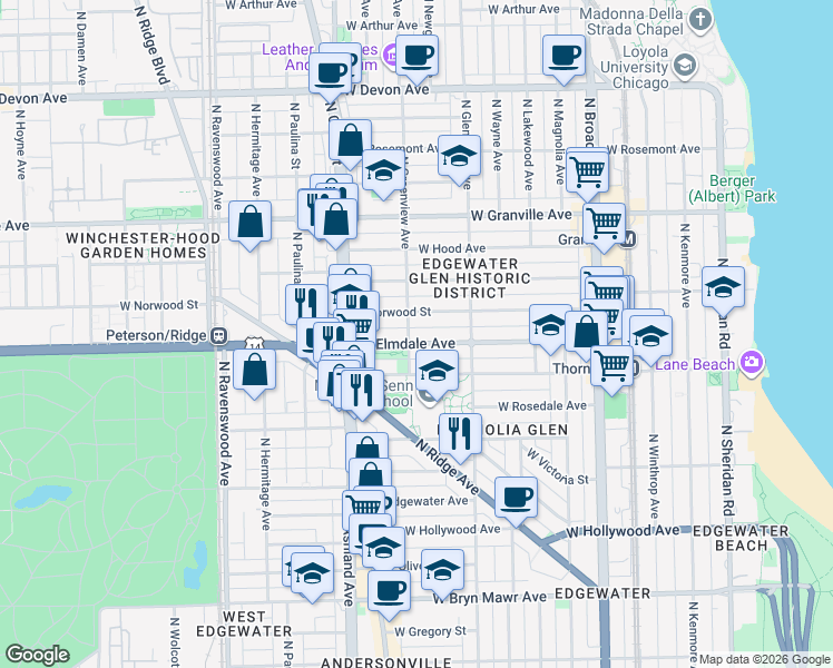 map of restaurants, bars, coffee shops, grocery stores, and more near 1460 West Elmdale Avenue in Chicago