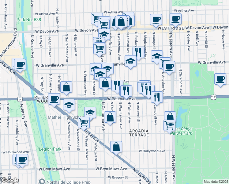 map of restaurants, bars, coffee shops, grocery stores, and more near 6014 North Washtenaw Avenue in Chicago