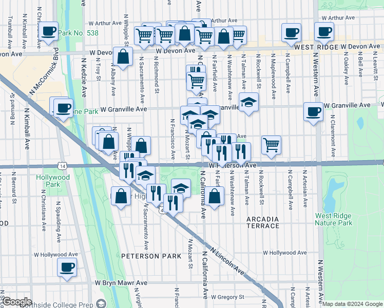map of restaurants, bars, coffee shops, grocery stores, and more near 6015 North Mozart Street in Chicago