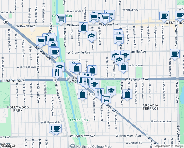 map of restaurants, bars, coffee shops, grocery stores, and more near 6019 North Whipple Street in Chicago