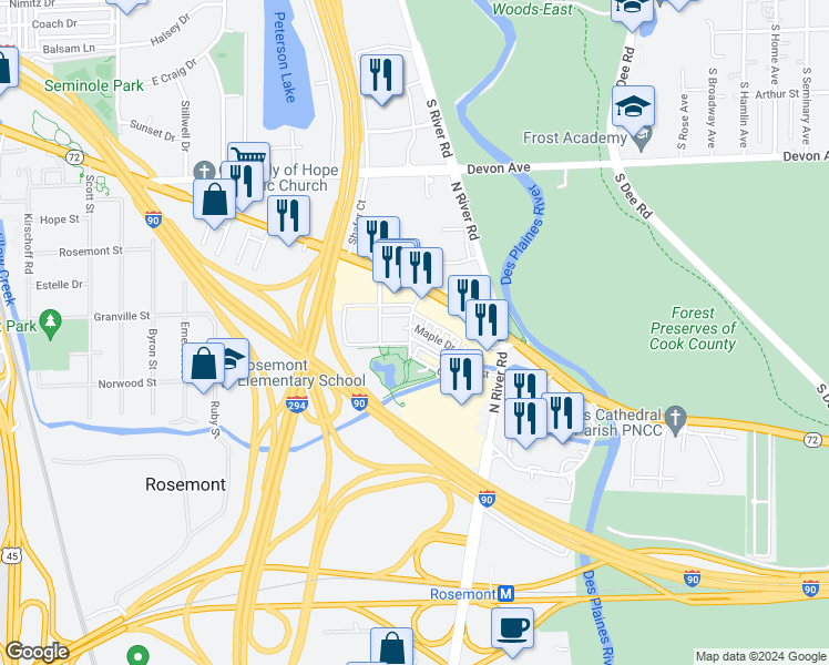 map of restaurants, bars, coffee shops, grocery stores, and more near 9504 Glenlake Street in Rosemont