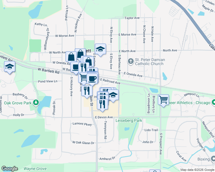 map of restaurants, bars, coffee shops, grocery stores, and more near 275 East Railroad Avenue in Bartlett