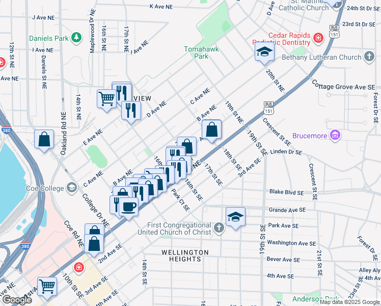 map of restaurants, bars, coffee shops, grocery stores, and more near 1700 1st Avenue Northeast in Cedar Rapids