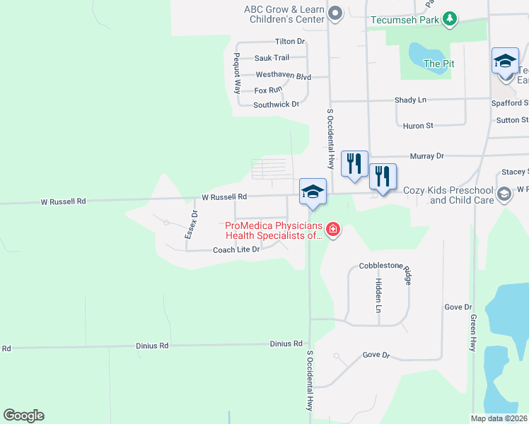 map of restaurants, bars, coffee shops, grocery stores, and more near 2830 Heritage Drive in Tecumseh