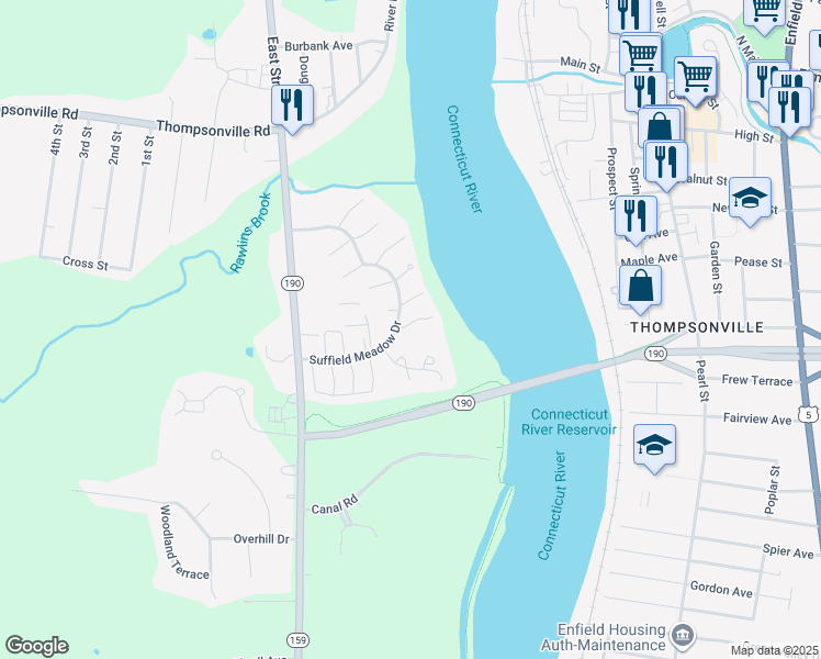 map of restaurants, bars, coffee shops, grocery stores, and more near 70 Landing Circle in Suffield