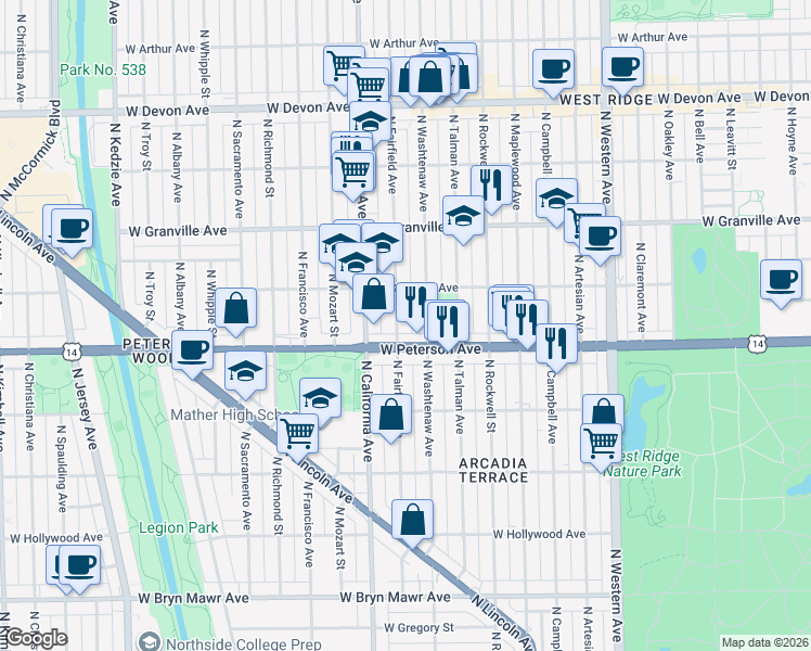 map of restaurants, bars, coffee shops, grocery stores, and more near 6014 North Washtenaw Avenue in Chicago