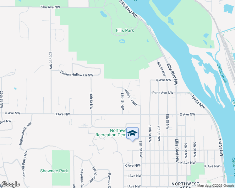 map of restaurants, bars, coffee shops, grocery stores, and more near 1668 13th Street Northwest in Cedar Rapids