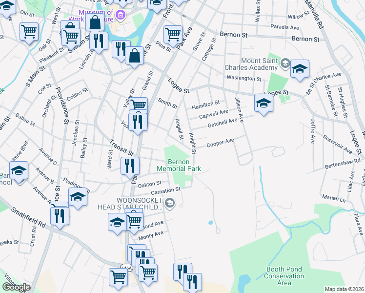 map of restaurants, bars, coffee shops, grocery stores, and more near 58 Williams St in Woonsocket