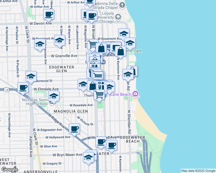 map of restaurants, bars, coffee shops, grocery stores, and more near 6002 North Winthrop Avenue in Chicago