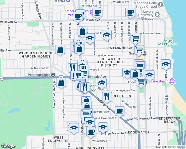 map of restaurants, bars, coffee shops, grocery stores, and more near 1500 West Elmdale Avenue in Chicago
