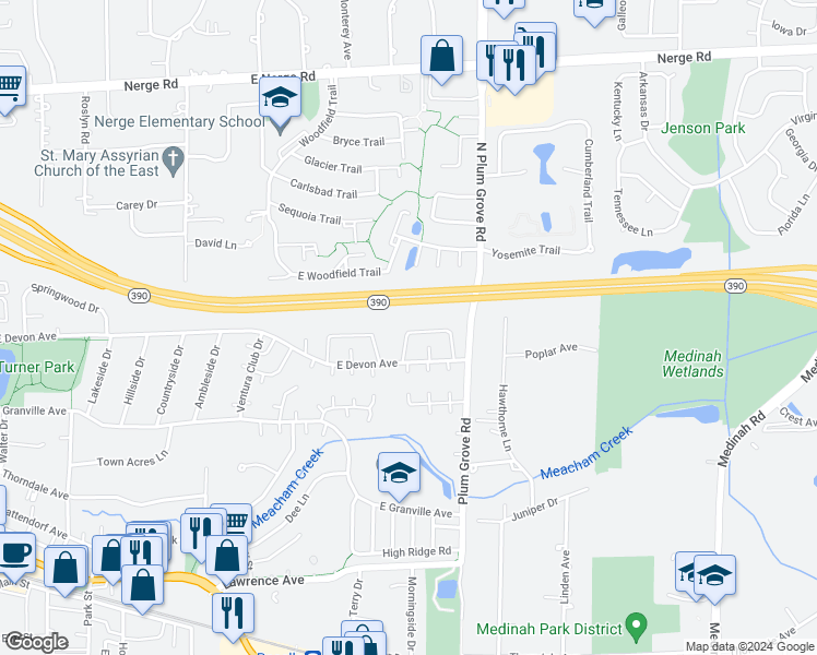 map of restaurants, bars, coffee shops, grocery stores, and more near 704 Circle Drive in Roselle