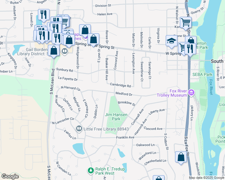 map of restaurants, bars, coffee shops, grocery stores, and more near 840 Medford Drive in South Elgin