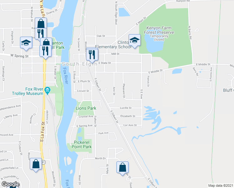 map of restaurants, bars, coffee shops, grocery stores, and more near 369 Ann Street in South Elgin
