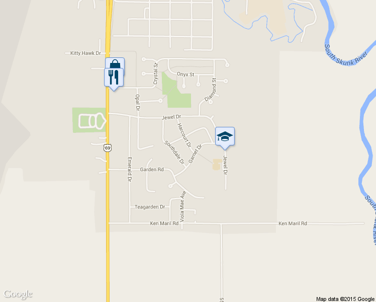 map of restaurants, bars, coffee shops, grocery stores, and more near 3425 Harcourt Drive in Ames