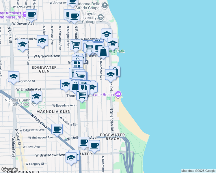 map of restaurants, bars, coffee shops, grocery stores, and more near 6000 North Sheridan Road in Chicago