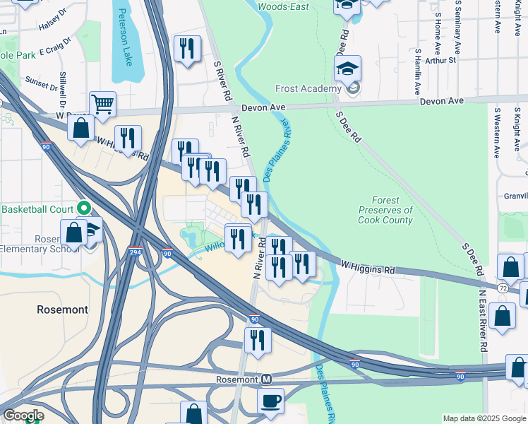 map of restaurants, bars, coffee shops, grocery stores, and more near W Higgins Rd & N River Rd in Rosemont
