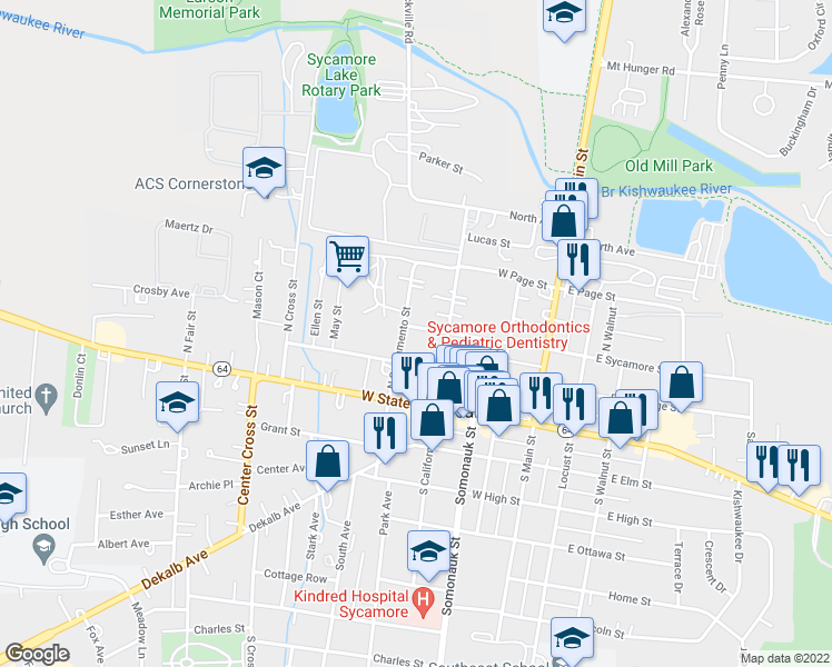 map of restaurants, bars, coffee shops, grocery stores, and more near 330 West Sycamore Street in Sycamore