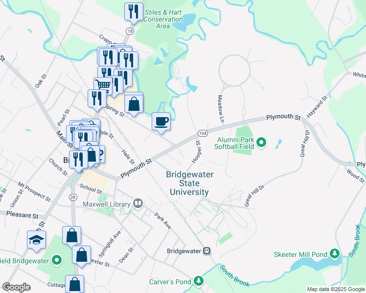 map of restaurants, bars, coffee shops, grocery stores, and more near 171 Plymouth Street in Bridgewater