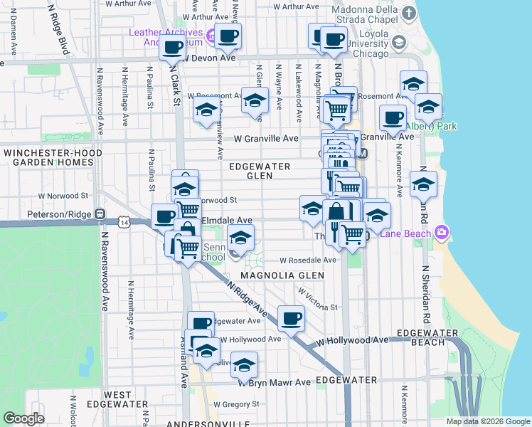 map of restaurants, bars, coffee shops, grocery stores, and more near 6009 North Glenwood Avenue in Chicago