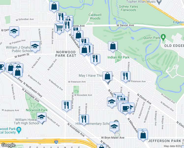 map of restaurants, bars, coffee shops, grocery stores, and more near 6204 West Norwood Street in Chicago