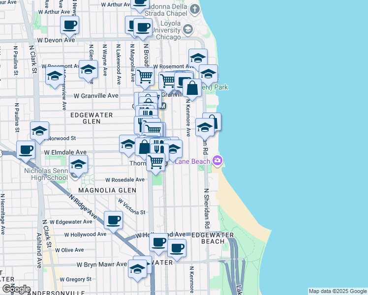 map of restaurants, bars, coffee shops, grocery stores, and more near 6002 North Kenmore Avenue in Chicago