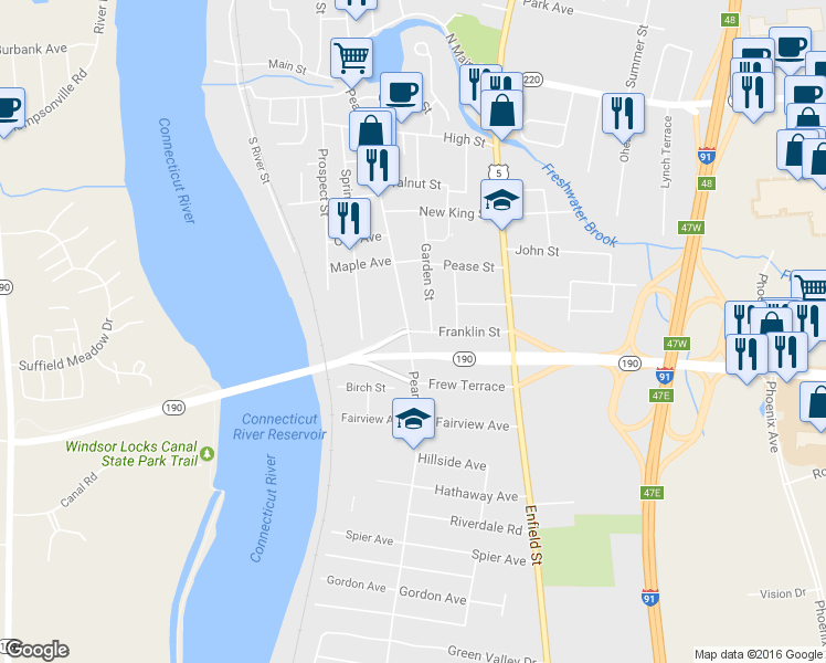 map of restaurants, bars, coffee shops, grocery stores, and more near 8 Franklin Street in Enfield