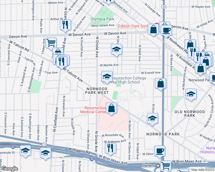 map of restaurants, bars, coffee shops, grocery stores, and more near 7500 West Talcott Avenue in Chicago