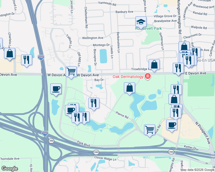 map of restaurants, bars, coffee shops, grocery stores, and more near 139 Bay Drive in Itasca