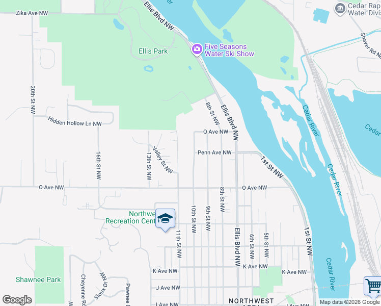 map of restaurants, bars, coffee shops, grocery stores, and more near 1660 10th Street Northwest in Cedar Rapids