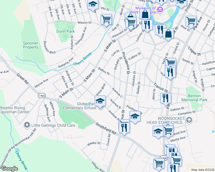 map of restaurants, bars, coffee shops, grocery stores, and more near 107 Irene Boulevard in Woonsocket