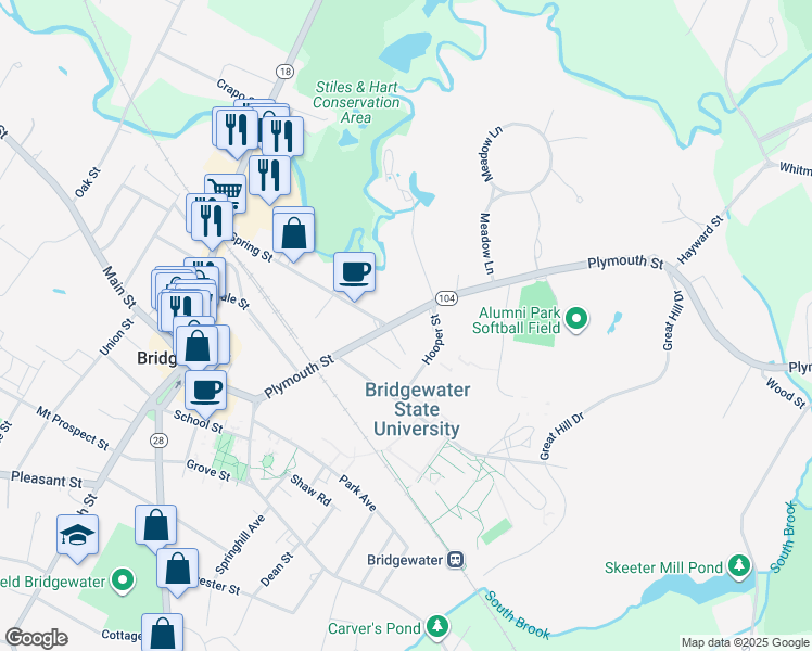 map of restaurants, bars, coffee shops, grocery stores, and more near 171 Plymouth Street in Bridgewater