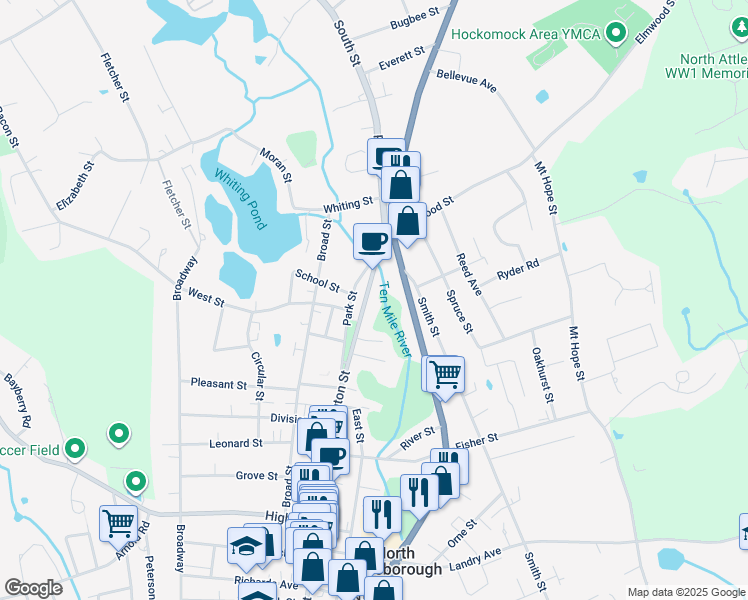 map of restaurants, bars, coffee shops, grocery stores, and more near 303 North Washington Street in North Attleborough