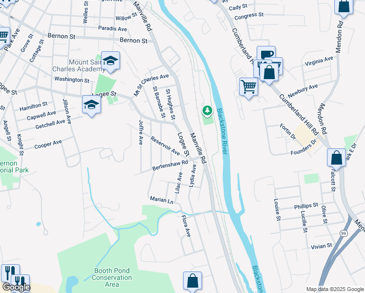 map of restaurants, bars, coffee shops, grocery stores, and more near 57 Reservoir Avenue in Woonsocket