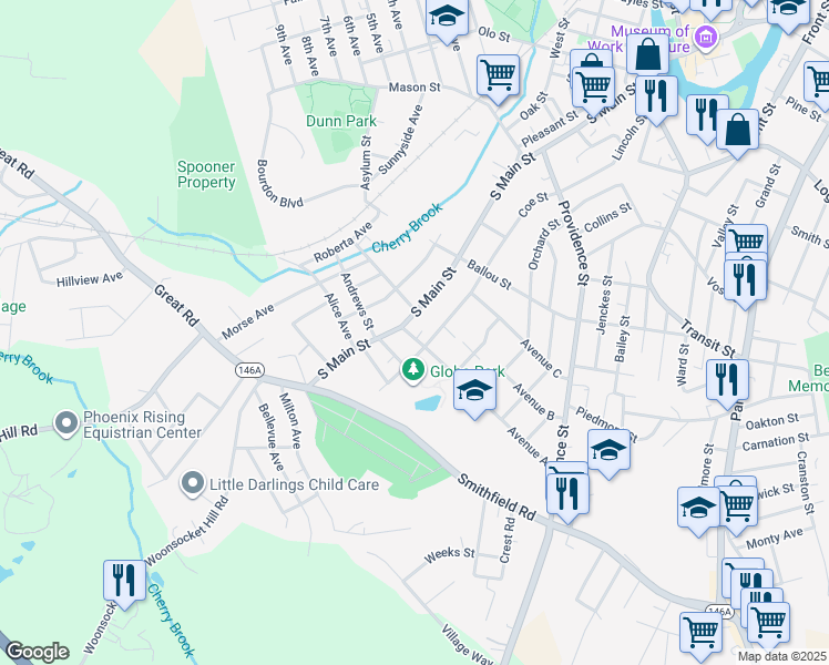map of restaurants, bars, coffee shops, grocery stores, and more near 425 Coe Street in Woonsocket