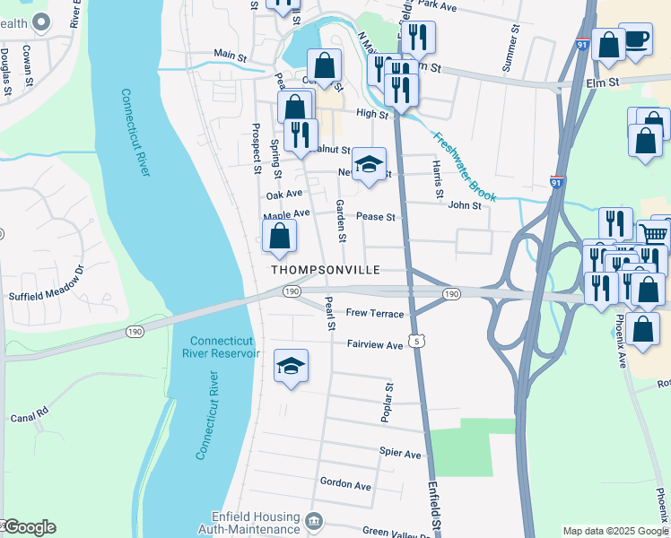 map of restaurants, bars, coffee shops, grocery stores, and more near 8 Franklin Street in Enfield