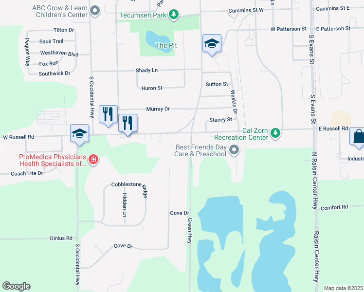 map of restaurants, bars, coffee shops, grocery stores, and more near 6960 Green Highway in Adrian