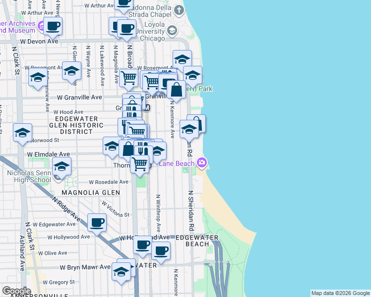 map of restaurants, bars, coffee shops, grocery stores, and more near 5956 North Sheridan Road in Chicago