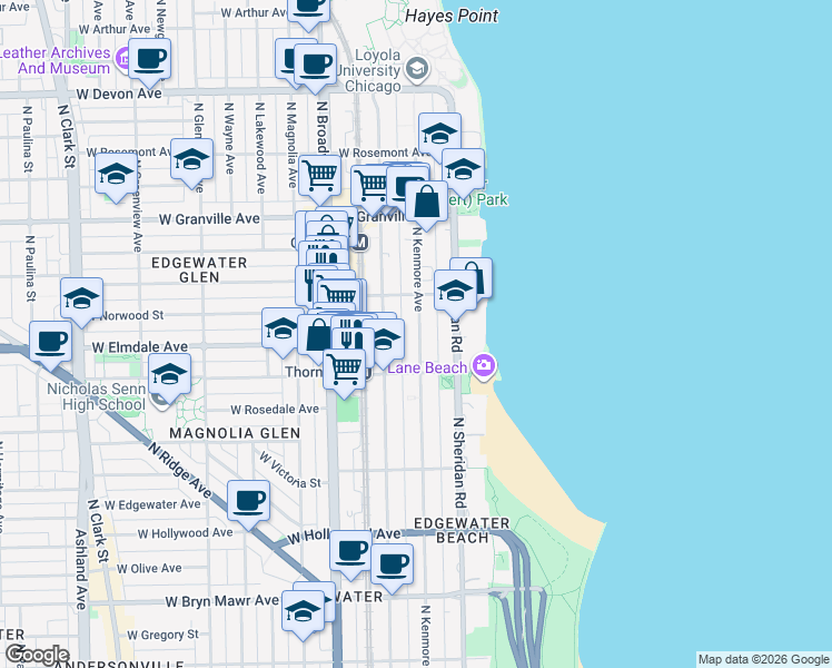 map of restaurants, bars, coffee shops, grocery stores, and more near 6002 North Kenmore Avenue in Chicago