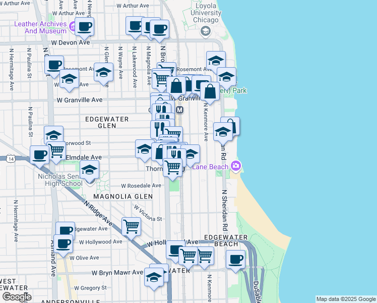 map of restaurants, bars, coffee shops, grocery stores, and more near 6002 North Winthrop Avenue in Chicago