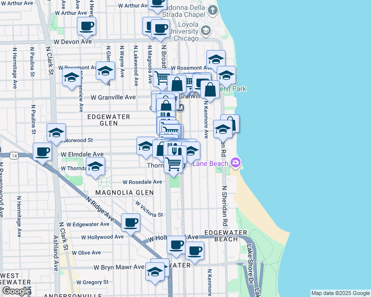 map of restaurants, bars, coffee shops, grocery stores, and more near 6002 North Winthrop Avenue in Chicago
