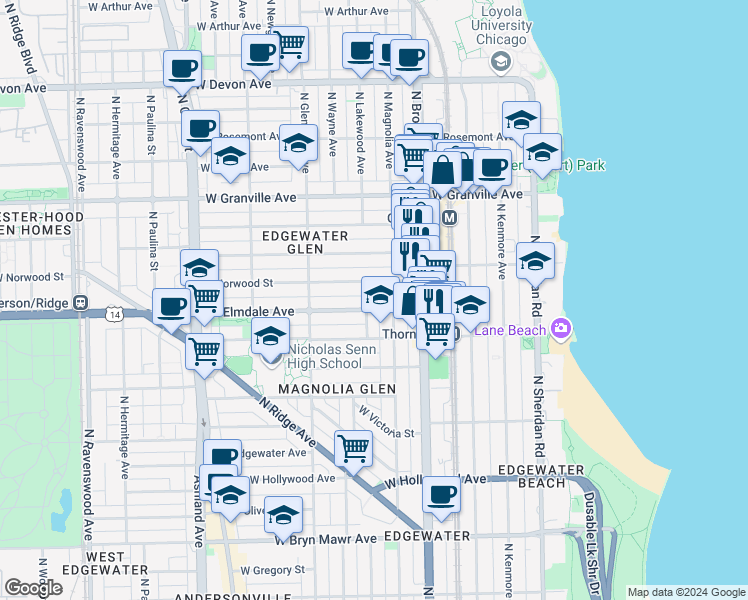 map of restaurants, bars, coffee shops, grocery stores, and more near 1304 West Elmdale Avenue in Chicago