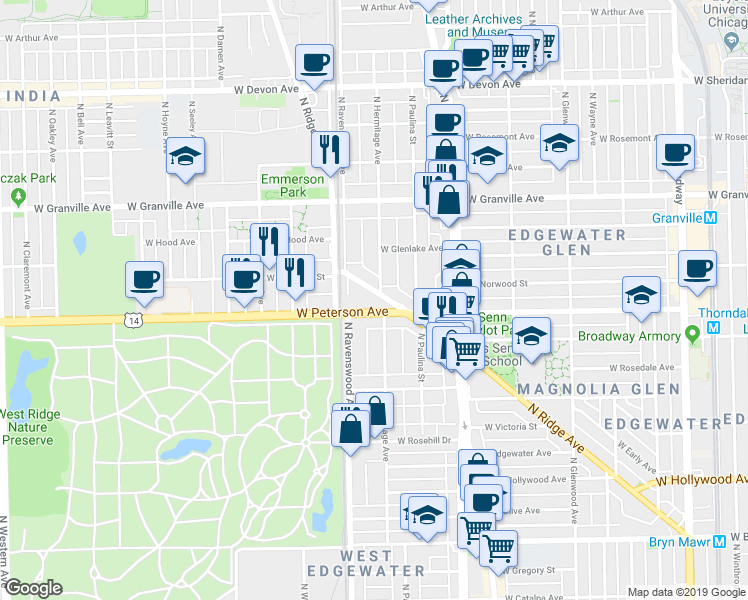 map of restaurants, bars, coffee shops, grocery stores, and more near 6030 North Ridge Avenue in Chicago